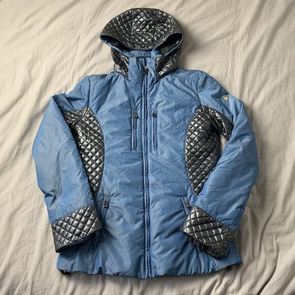 Post Card Ski Jacket Women's Size 6 Blue and silver Full Zip Puffer - Picture 1 of 16